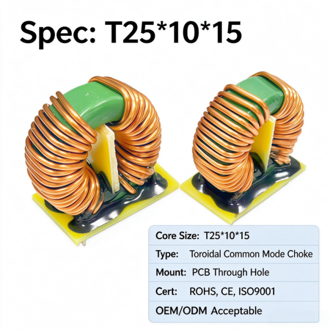T25×10×15 ferrite toroidal EMI filter coil showing copper winding detail